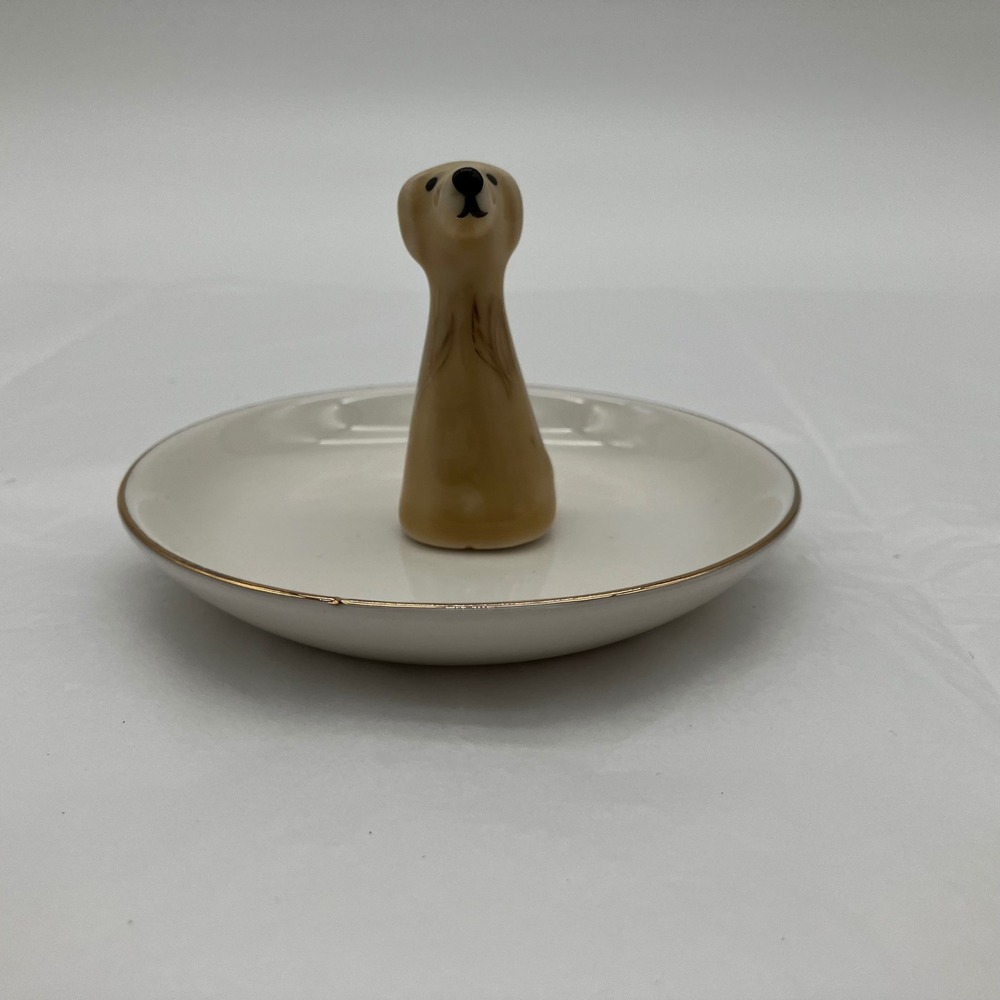 Ring Holder Dog Trinket Dish 4in Cream Gold Catch All